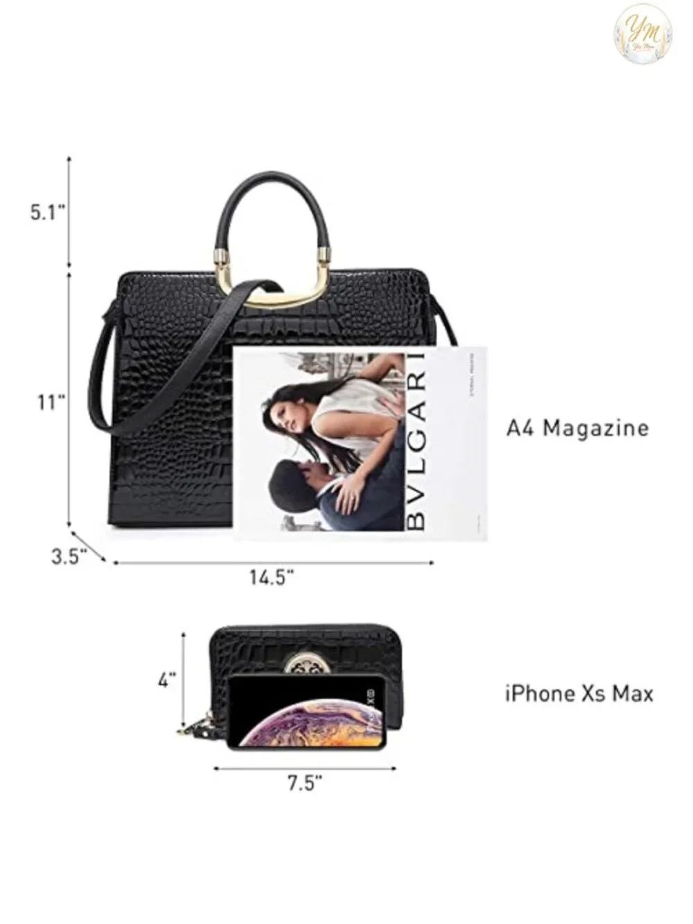Vegan PU Croco Textured Satchel Purse with Matching Wristlet Work Bag